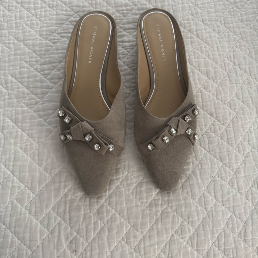 Etienne Aigner Joy Embellished Taupe Bow Mules with Classic Elegance